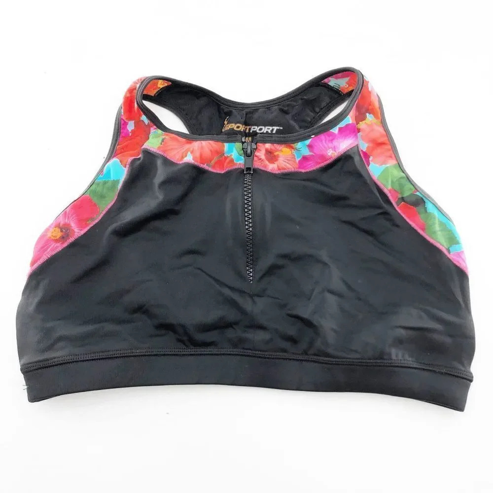 Sportport Women's‎ Black Floral Zip Up Sports Bra Size M